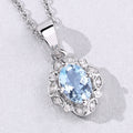 0.60 Ct Oval Blue Aquamarine & Lab Diamond Prong Silver Halo Statement Necklace by Fine Color Jewels