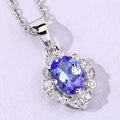 0.75 Ct Oval Violet Tanzanite & Lab Diamond Prong Silver Halo Statement Necklace by Fine Color Jewels