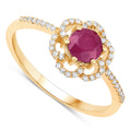 0.55 Ct Round Pink Ruby & Diamond Prong 14K Yellow Gold Halo Floral Ring by Fine Color Jewels