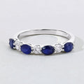 0.88 Ct Oval Blue Sapphire & Lab Diamond Prong Silver Half Eternity Seven Stone Ring by Fine Color Jewels
