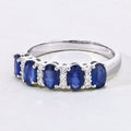 1.25 Ct Oval Blue Sapphire & Lab Diamond Prong Silver Half Eternity Band Five Stone Ring by Fine Color Jewels