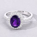 1.60 Ct Oval Purple Amethyst and Lab Diamond Prong Silver Halo Pave Ring by Fine Color Jewels