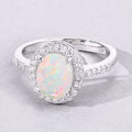 0.90 Ct Oval White Ethiopian Opal and Lab Diamond Prong Silver Halo Pave Ring by Fine Color Jewels