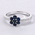 0.49 Ct Round Blue Sapphire and Lab Diamond Prong Silver Pave Floral Ring by Fine Color Jewels