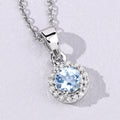 0.38 Ct round blue Aquamarine & Lab Diamond prong Silver Halo pendant Necklace by Fine Color Jewels