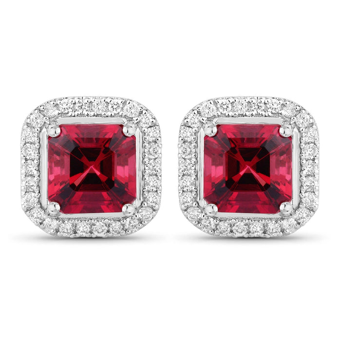 2.48 Ct Octagon Red Rubellite & Lab Diamond Prong 14K Gold Stud Earrings by Fine Color Jewels