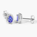 0.88 Ct Oval Violet Tanzanite & Lab Diamond Prong Silver Halo Basket Stud Earrings by Fine Color Jewels