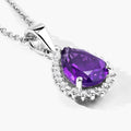 1.40 Ct pear purple Amethyst and Lab Diamond prong Silver Halo teardrop pendant Necklace by Fine Color Jewels