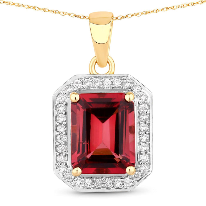 Red Genuine Rubellite and White Diamond 14K Yellow Gold Halo Pendant by Fine Color Jewels