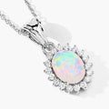 0.90 Ct Oval White Ethiopian Opal & Lab Diamond Prong Silver Halo Pendant Necklace by Fine Color Jewels