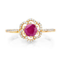 0.55 Ct Round Pink Ruby & Diamond Prong 14K Yellow Gold Halo Floral Ring by Fine Color Jewels
