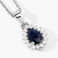 0.80 Ct Pear Blue Sapphire and Lab Diamond Prong Silver Halo teardrop pendant Necklace by Fine Color Jewels