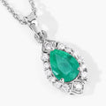 0.65 Ct Pear Green Zambian Emerald & Lab Diamond Prong Silver Teardrop Halo Pendant Necklace by Fine Color Jewels