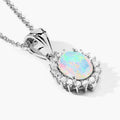 0.90 Ct Oval White Ethiopian Opal & Lab Diamond Prong Silver Halo Pendant Necklace by Fine Color Jewels