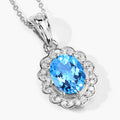 2.55 Ct Oval Swiss Blue Topaz & Lab Diamond Prong Silver Halo Floral Pendant Necklace by Fine Color Jewels