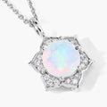 0.90 Ct round white Ethiopian Opal and Lab Diamond prong Silver flower pendant Necklace by Fine Color Jewels