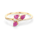 0.60 Ct Pear Pink Ruby & Diamond Prong 14K Yellow Gold Pave Bypass Three Stone Ring by Fine Color Jewels