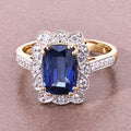 3.21 Ct Cushion Ceylon Blue Sapphire and White Diamond Prong 18K Gold Pave Halo Statement Ring by Fine Color Jewels