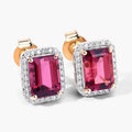 2.84 Ct Octagon Red Rubellite & Lab Diamond Prong 14K Gold Stud Earrings by Fine Color Jewels