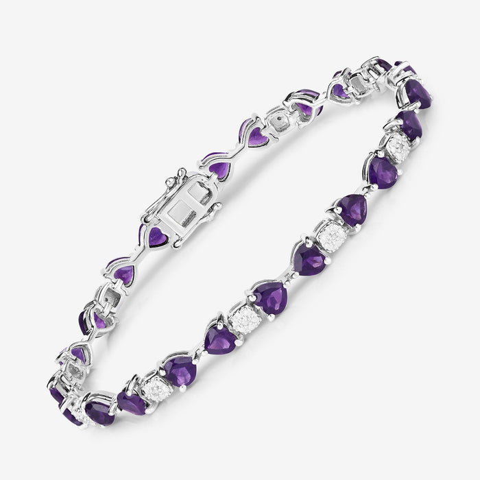 9.46 Ct Heart Purple Amethyst and Diamond Silver Tennis Bracelet by Fine Color Jewels