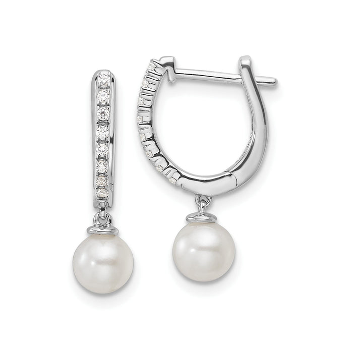 1/10 ct Lab Diamond and Cultured Pearl Hinged Hoop Earrings 14k White Gold by Fine Color Jewels