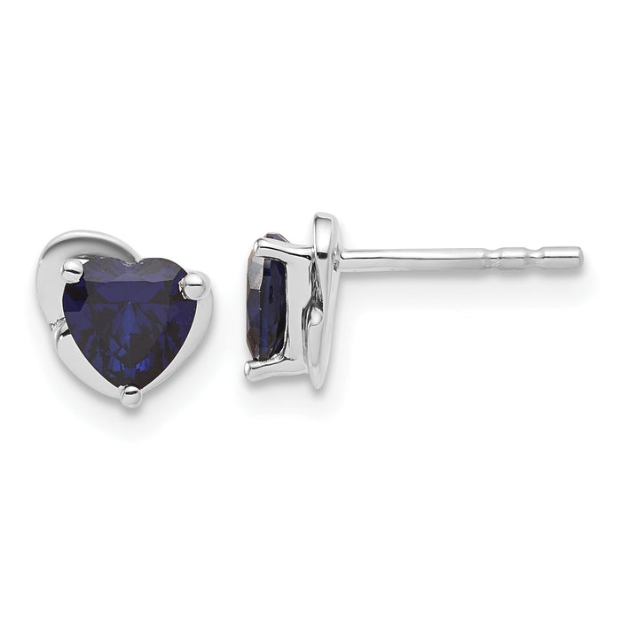 10k White Gold Created Sapphire Heart Post Earrings by Fine Color Jewels