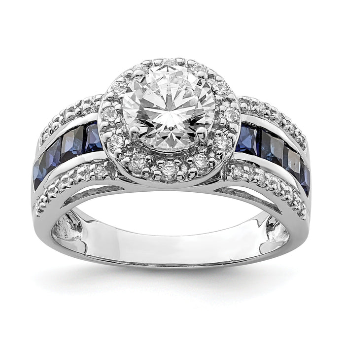 3.29 Ct Princess Blue Lab Created Sapphire & CZ Prong Sterling Silver Rhodium Plated Halo Ring by Fine Color Jewels