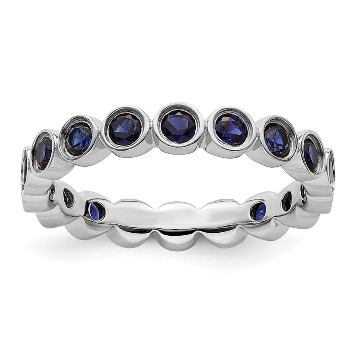 1.29 Ct Round Blue Created Sapphire Bezel Silver Eternity Stackable Ring by Fine Color Jewels