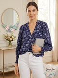 Aqua Floral Print Smocked Blouse, Size Small by Vanessa Jane