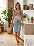 Aqua Rainbow-Stripe Cropped Tank, Round Neck Racerback, Size Small by Vanessa Jane