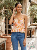 Aqua Retro Floral Halter Top, Size Medium by Vanessa Jane
