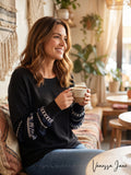 STYLE & CO Womens Black Fringe Banded Long Sleeve Crew Neck Sweater, Medium by Vanessa Jane