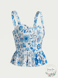 Aqua Floral Print Peplum Top by Vanessa Jane