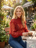 Free People Womens Red Tie Sheer Printed Long Sleeve Crew Neck Top, Size Small by Vanessa Jane