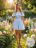 BB Dakota Women's Coco Stripe Off the Shoulder Ruffle Dress, Size Medium - Blue by Vanessa Jane