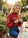 Free People Womens Red Tie Sheer Printed Long Sleeve Crew Neck Top, Size Small by Vanessa Jane