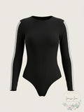 Material Girl Active Long Sleeve Black Varsity Bodysuit, Size Medium by Vanessa Jane