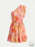 Aqua Printed One Shoulder Dress, Size Large by Vanessa Jane