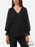 Msk Womens Black Sheer Lined Smocked Cuff Balloon Sleeve V Neck Top, Size Large by Vanessa Jane