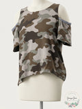 GYPSIES and MOONDUST Womens Green Cold Shoulder Camouflage Short Sleeve, Large by Vanessa Jane