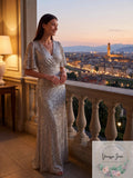 Lauren Ralph Lauren Sequined Elbow-Sleeve Gown – Pearlescent, Size 4 by Vanessa Jane