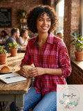 Free People Womens Plaid 3/4 Sleeve Collared Button up Top by Vanessa Jane