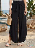 Aqua Rib Knot Front Wide Leg Pants, Black, Size Small by Vanessa Jane