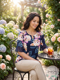 Jm Collection Printed Ruffle-Cuff Top Intrepid Blue Combo, Size PL by Vanessa Jane