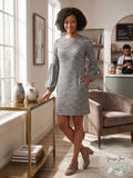 London Times Womens Long Sleeve Round Neck Shift Dress Grey, Size 12 by Vanessa Jane