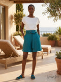 Lafayette 148 New York Degraw Pleated Linen Shorts, Size 2 in Deep Lagoon by Vanessa Jane