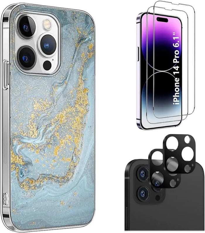 iPhone 14 Pro 6.1-inch Protection Kit Bundle - Marble Series Case with Tempered Glass Screen and Camera Protector (Blue Marble) by Zerodamage Sahara Case LLC