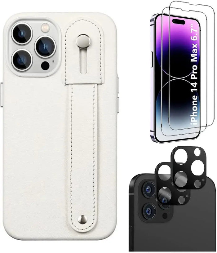 iPhone 14 Pro Max 6.7-inch Protection Kit Bundle - FingerGrip Series Case with Tempered Glass Screen and Camera Protector (White) by Zerodamage Sahara Case LLC