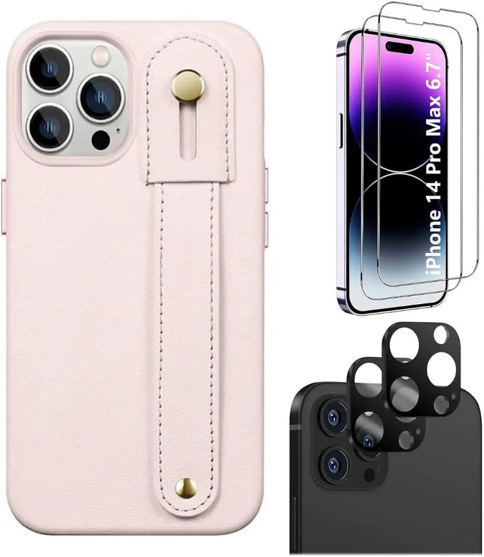 iPhone 14 Pro Max 6.7-inch Protection Kit Bundle - FingerGrip Series Case with Tempered Glass Screen and Camera Protector (Light Pink) by Zerodamage Sahara Case LLC