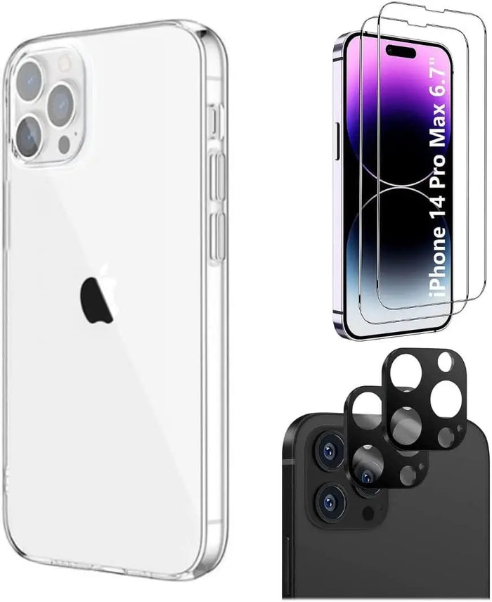 iPhone 14 Pro Max 6.7-inch Protection Kit Bundle - Hybrid-Flex Hard Shell Case with Tempered Glass Screen and Camera Protector - Clear by Zerodamage Sahara Case LLC
